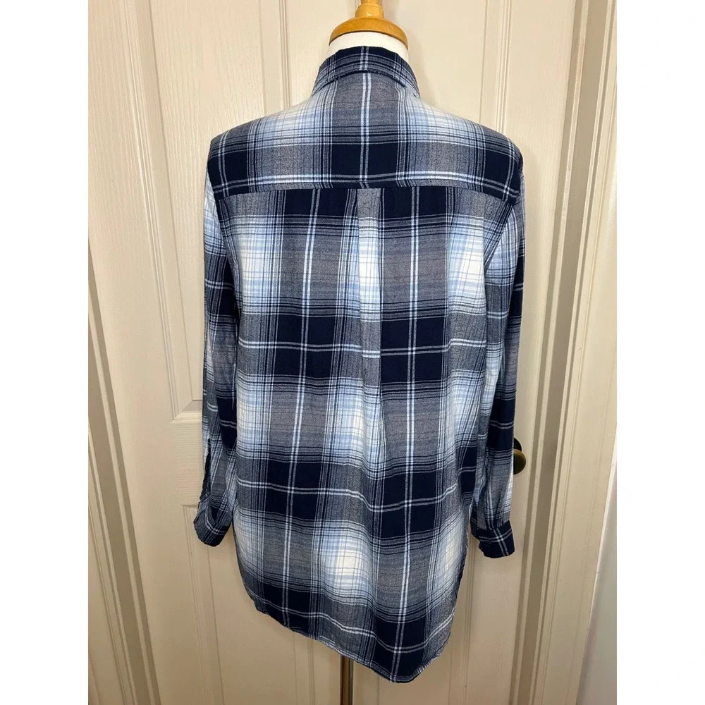 Beachlunchlounge Plaid Flannel Shirt Blue Balloon Button Down Cotton M - Picture 3 of 10